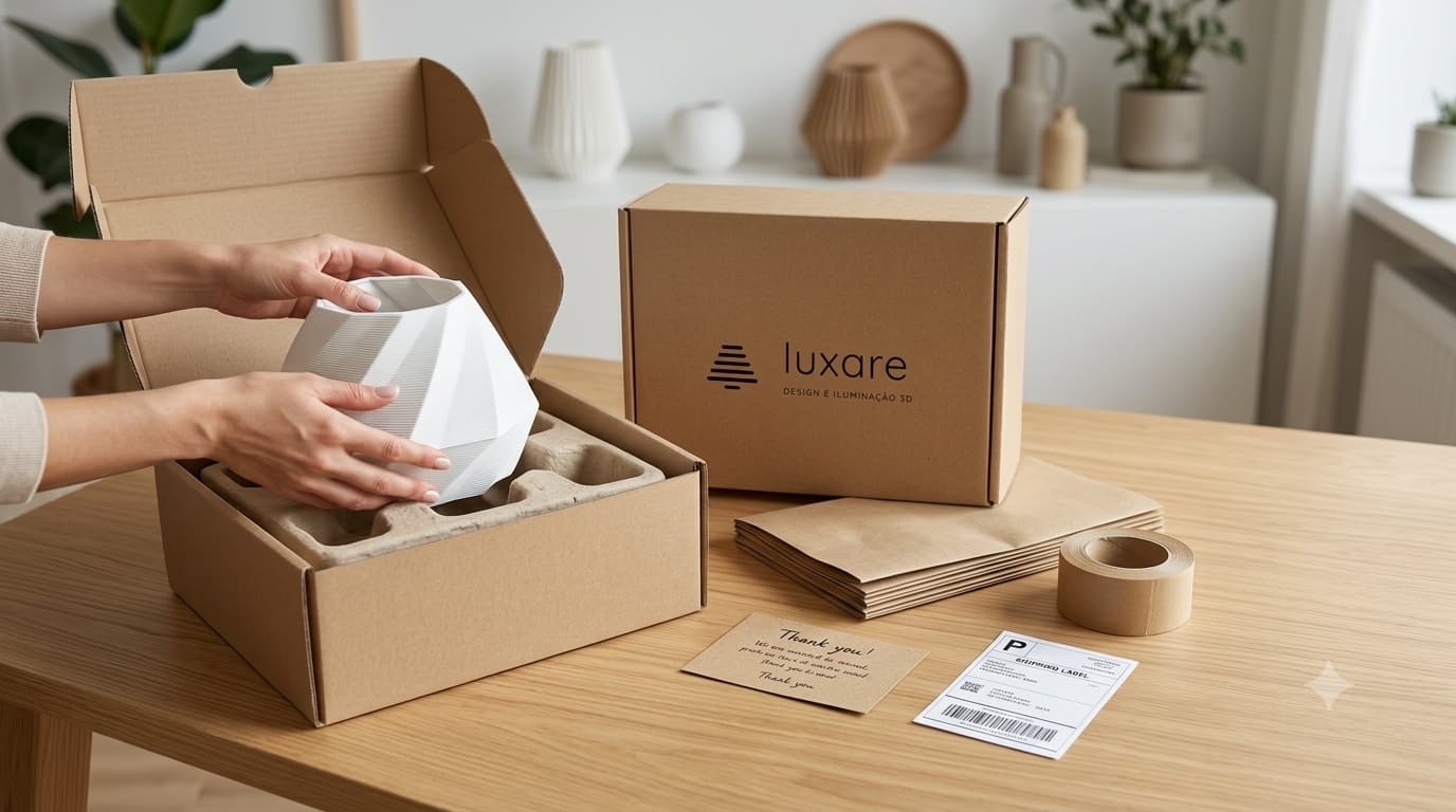 Luminária embalada em papel e caixa antes do envio