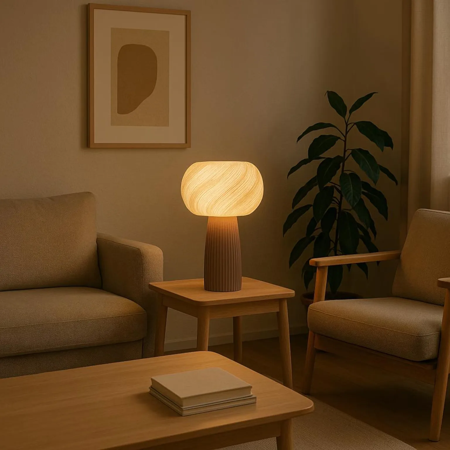 A mesma Luminária Âmbar acesa, na mesma sala, à noite