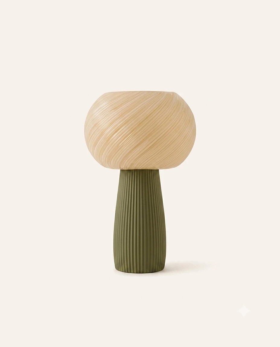 Luminária Âmbar — Cúpula de vidro fosco em textura torcida, sobre pé estriado.