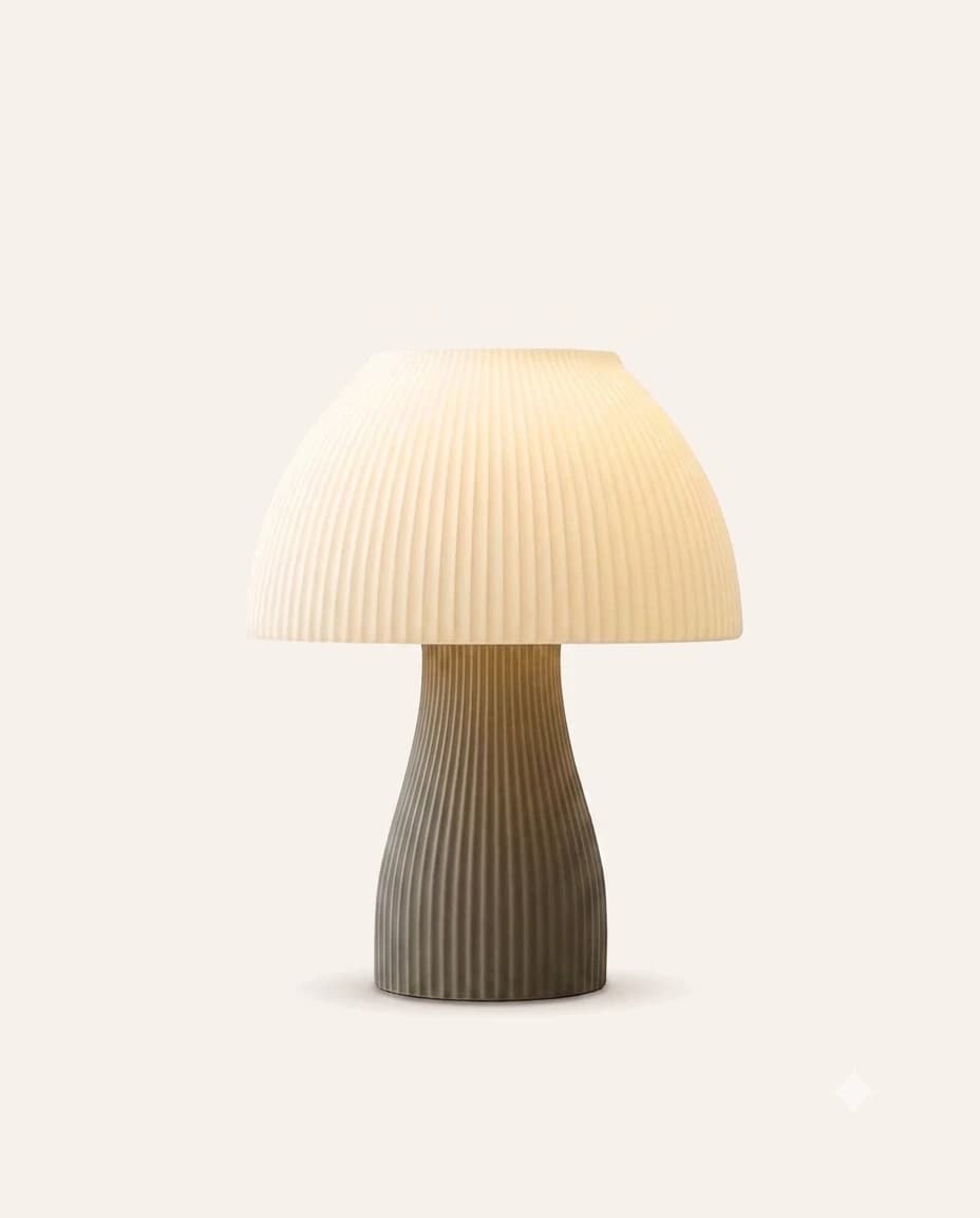 Luminária Flora, cúpula de cogumelo em marfim sobre pé verde-oliva