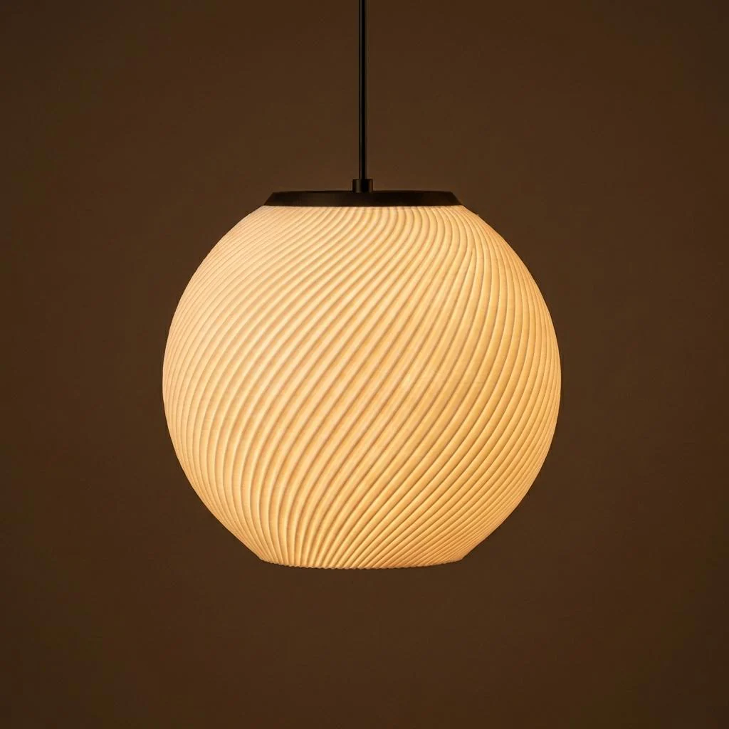Pendente Espiral aceso, com a textura em espiral desenhando a luz